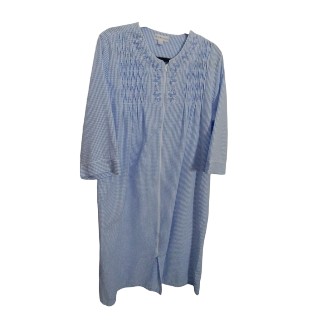 Miss Elaine Women's L Embroidered 3/4-Sleeve Zip Seersucker Robe Grannycore USA